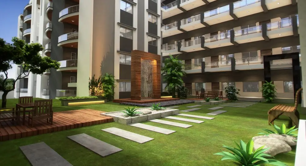 Courtyard garden with seating and a water wall