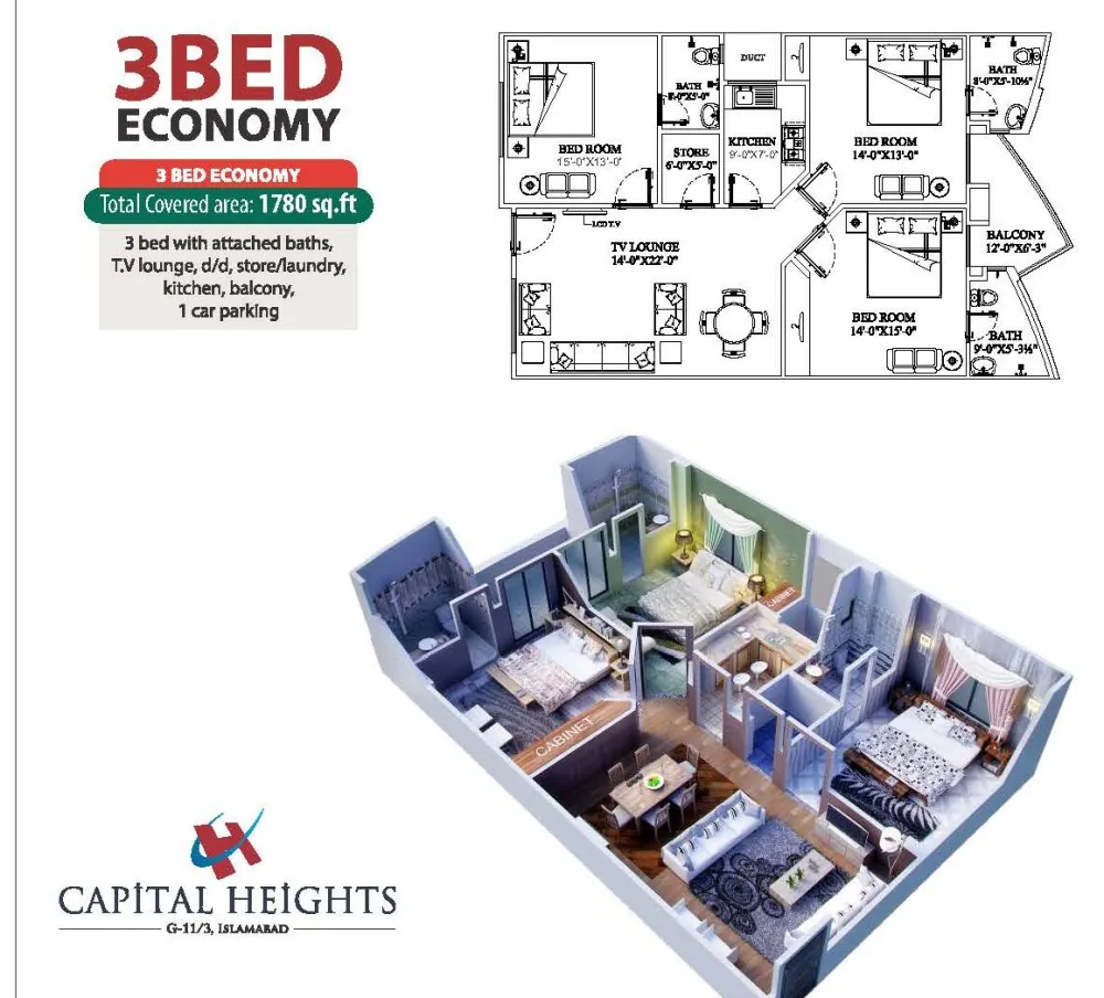Official floor plan, 3 Bed Economy