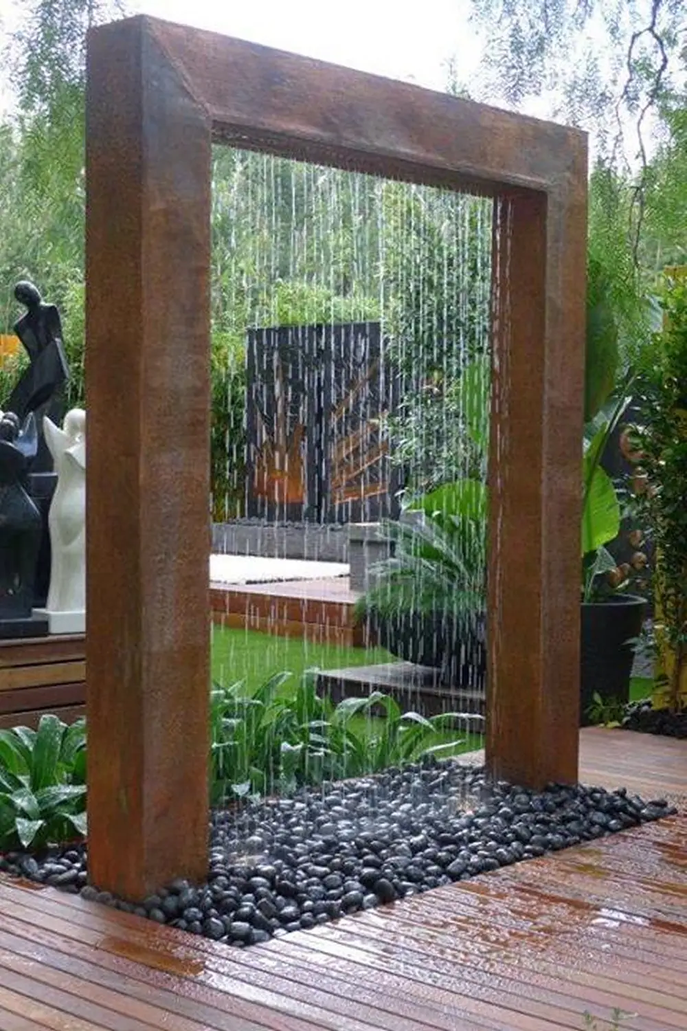 Water curtain feature framed in timber